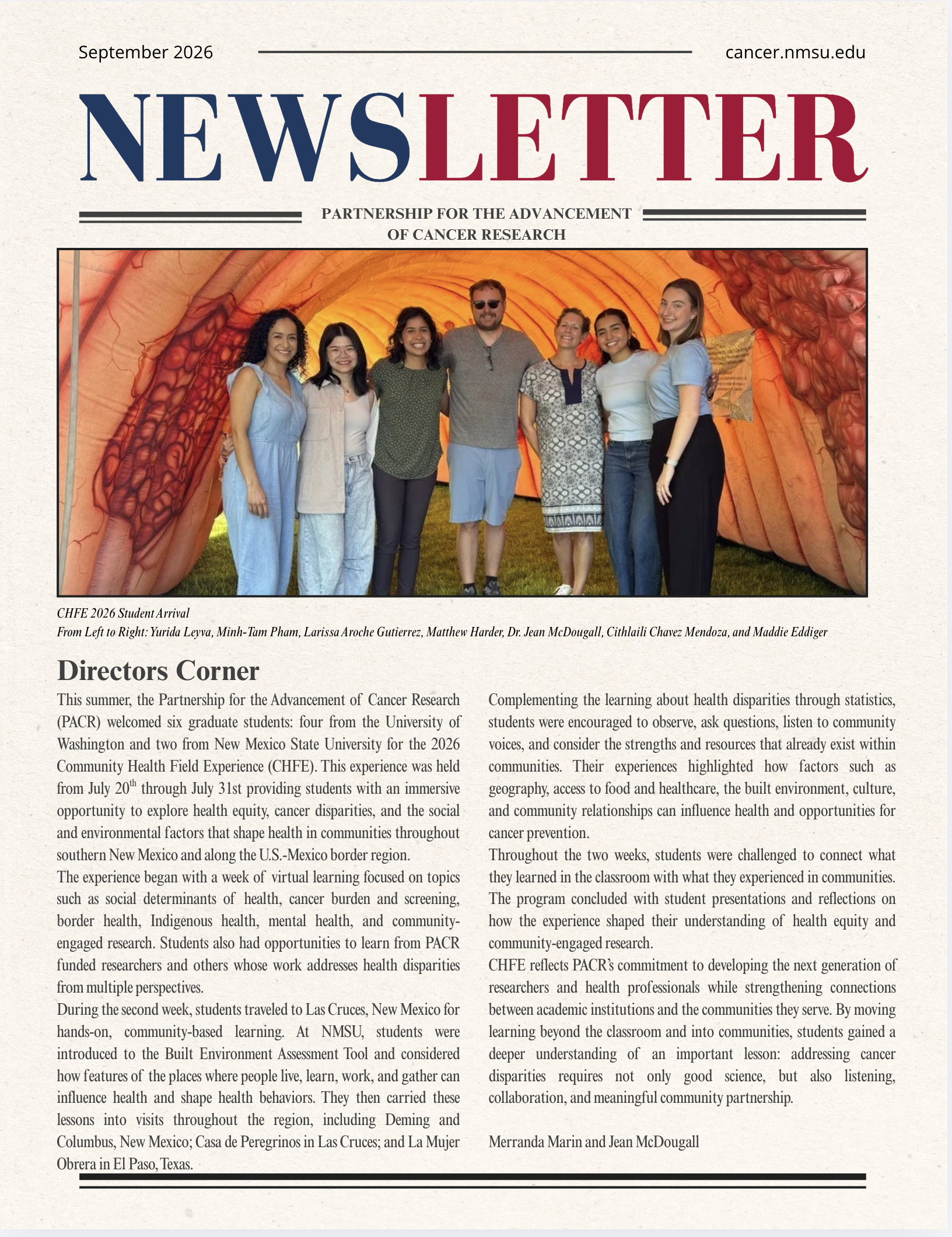 Front page of a September 2026 cancer research newsletter featuring a group photo of seven people standing inside a large inflatable colon display.